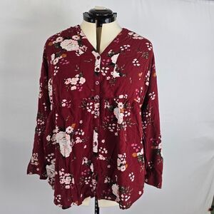 Torrid Button Down Blouse Women's 1X Red Floral Print Long Sleeve V-Neck